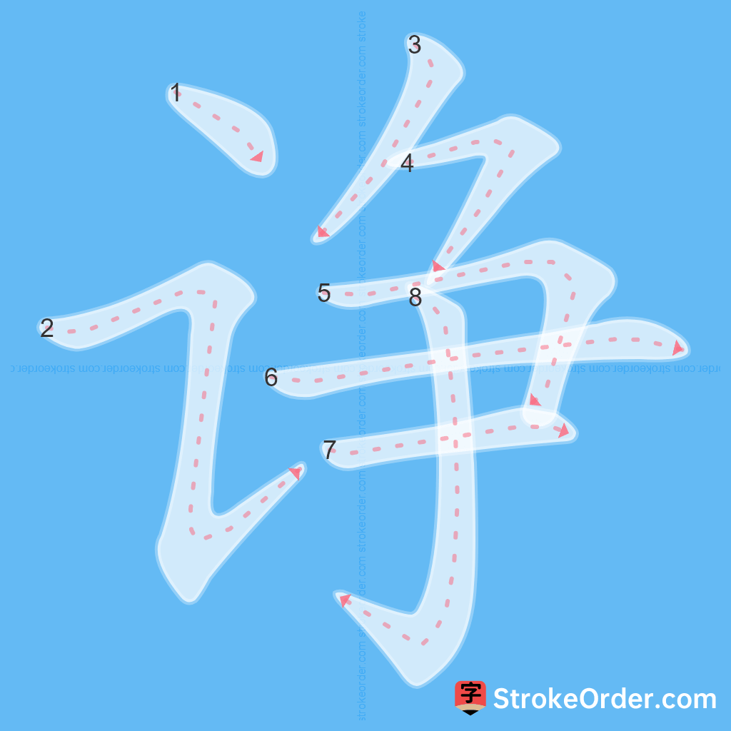 Standard stroke order for the Chinese character 诤