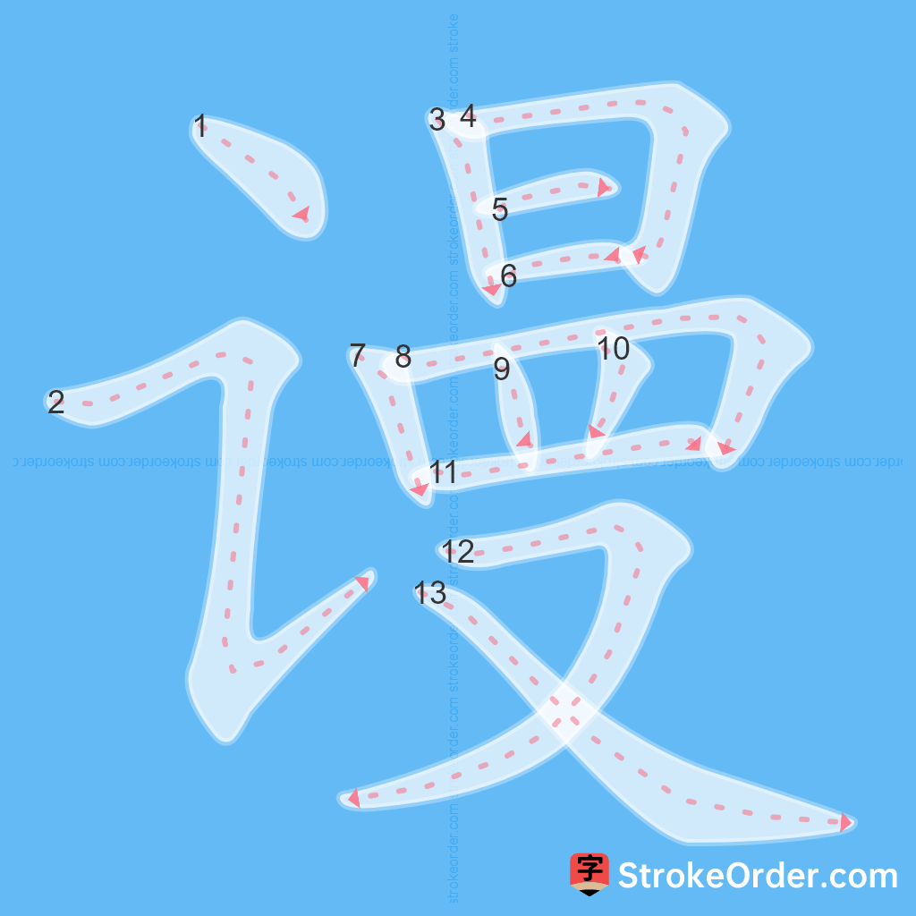 Standard stroke order for the Chinese character 谩