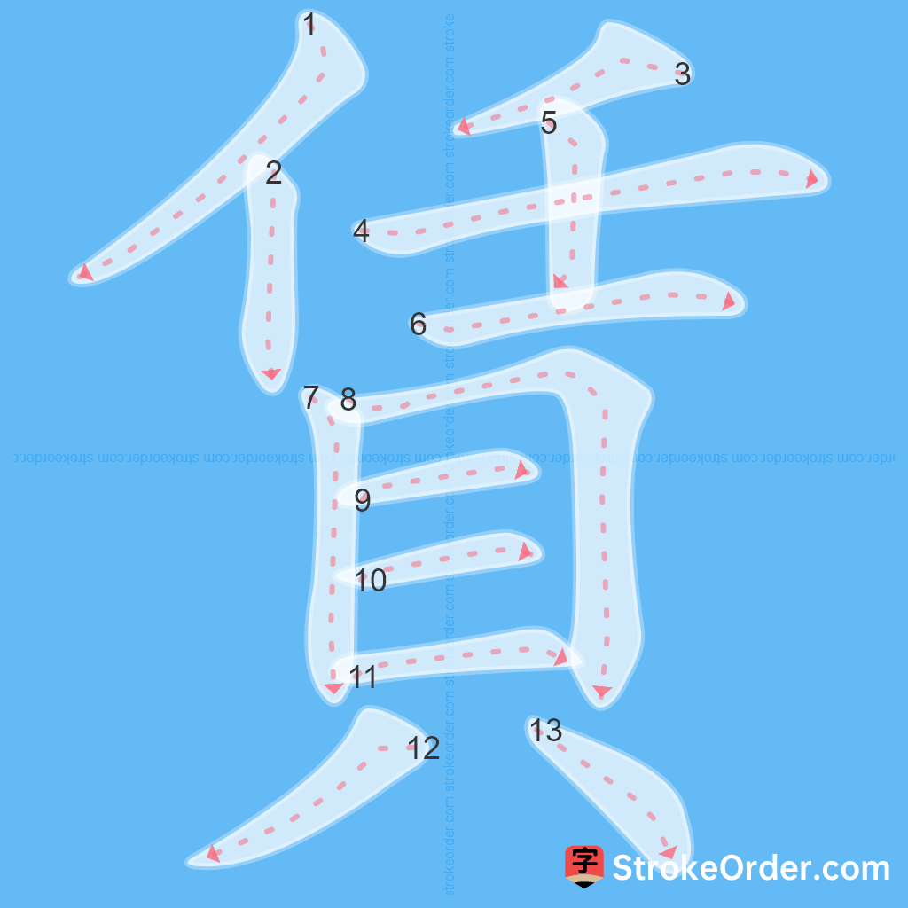 Standard stroke order for the Chinese character 賃