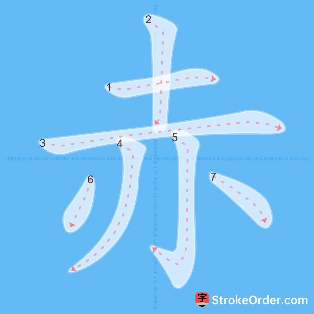 Standard stroke order for the Chinese character 赤