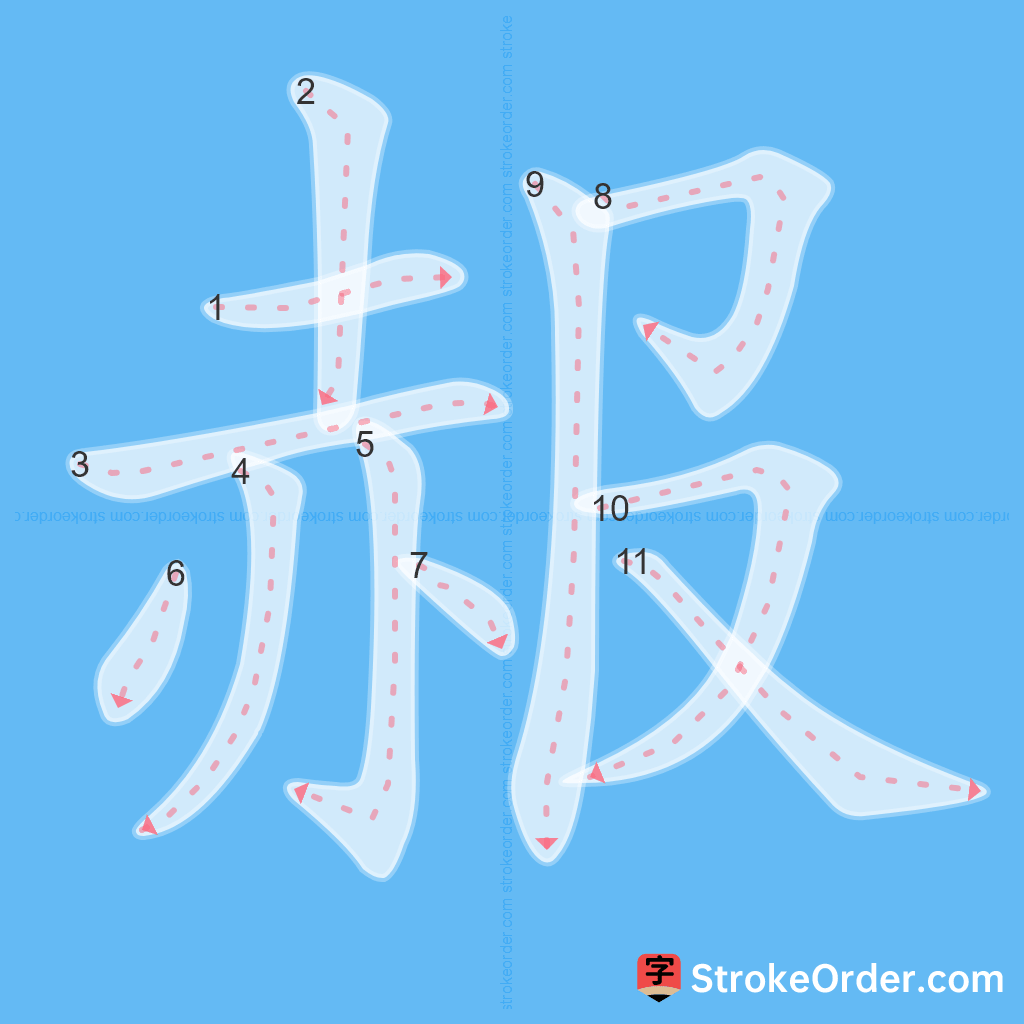 Standard stroke order for the Chinese character 赧