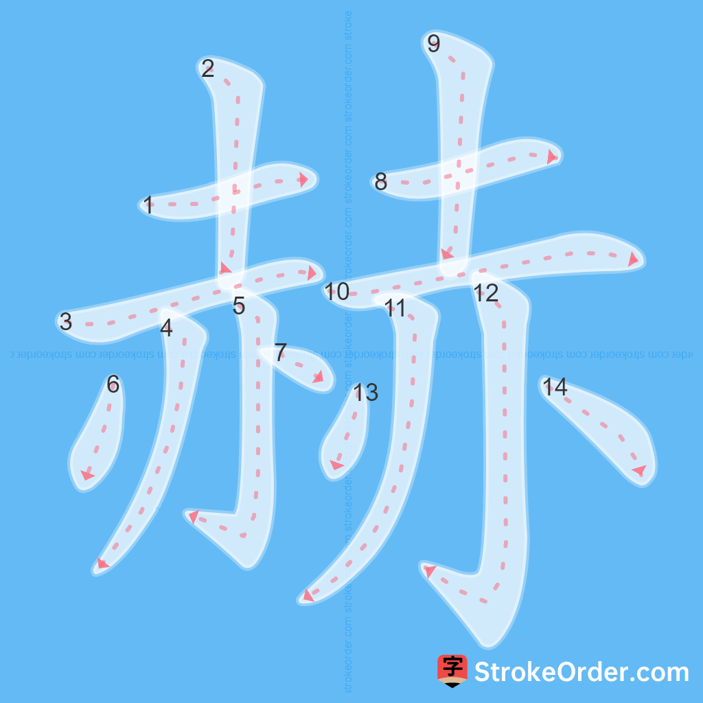 Standard stroke order for the Chinese character 赫