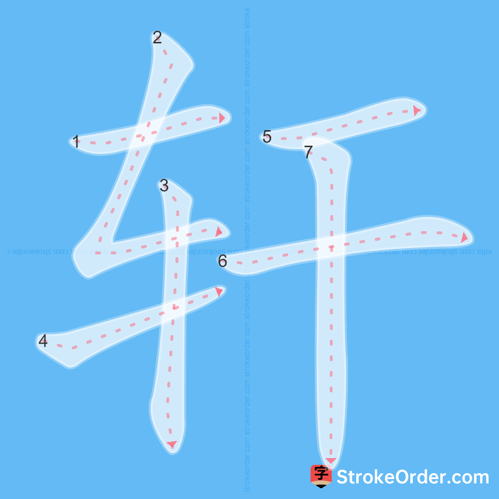Standard stroke order for the Chinese character 轩