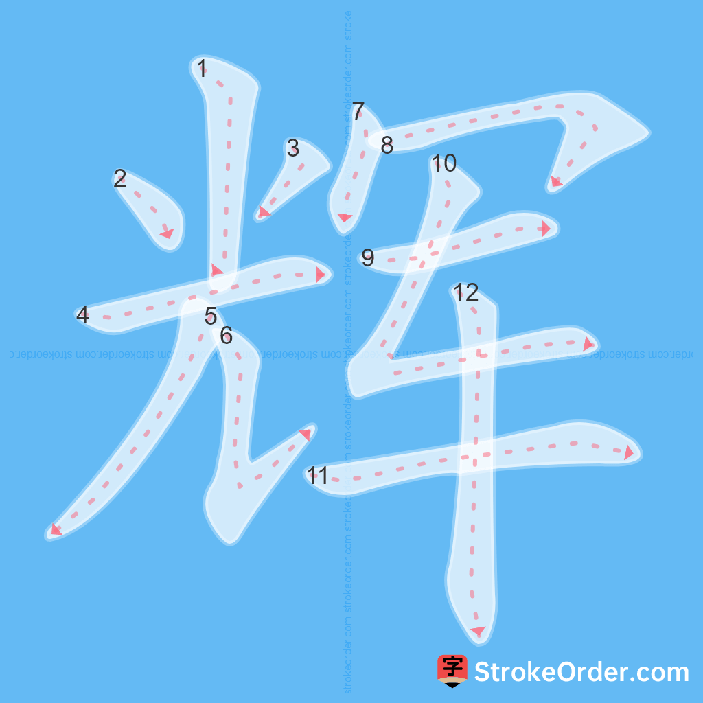 Standard stroke order for the Chinese character 辉