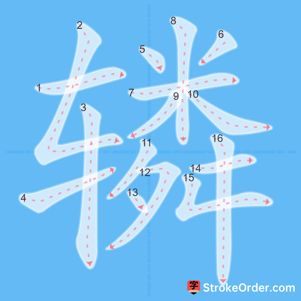 Standard stroke order for the Chinese character 辚