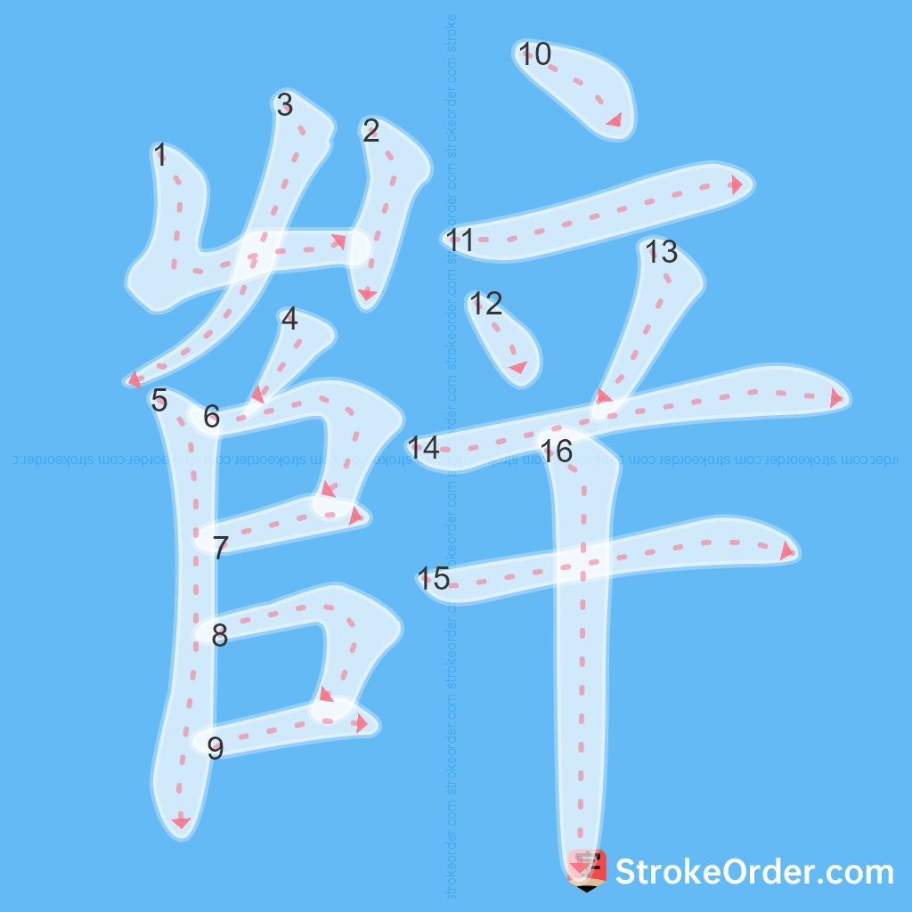 Standard stroke order for the Chinese character 辥