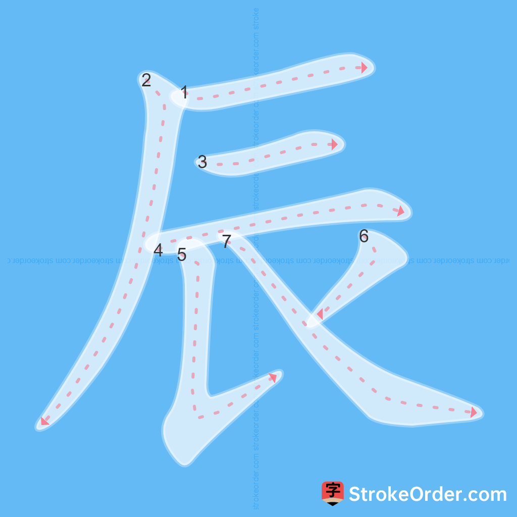 Standard stroke order for the Chinese character 辰