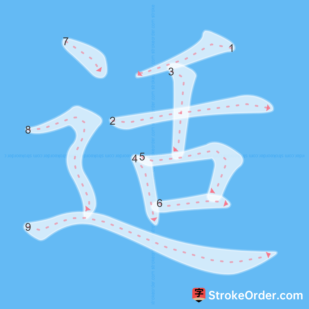 Standard stroke order for the Chinese character 适