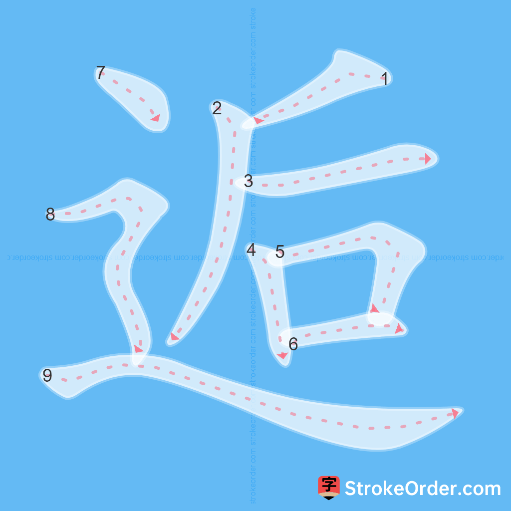Standard stroke order for the Chinese character 逅