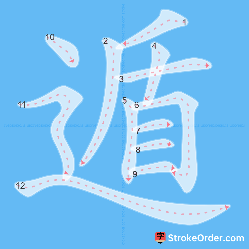 Standard stroke order for the Chinese character 遁