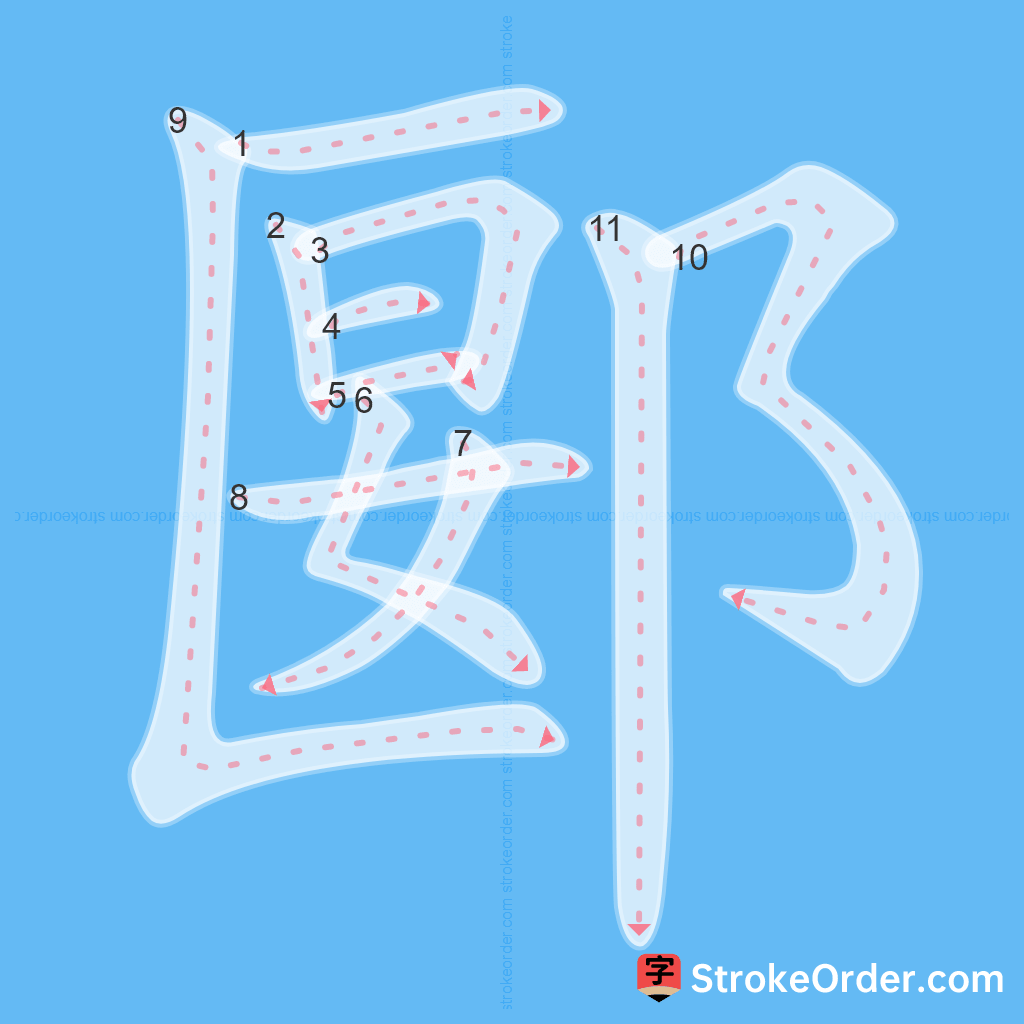 Standard stroke order for the Chinese character 郾