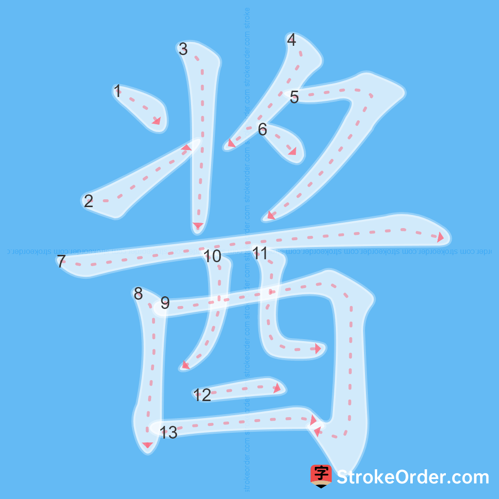 Standard stroke order for the Chinese character 酱
