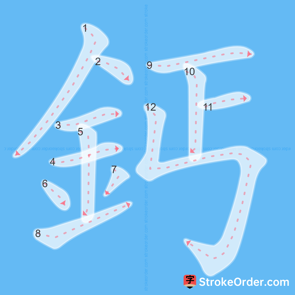 Standard stroke order for the Chinese character 鈣