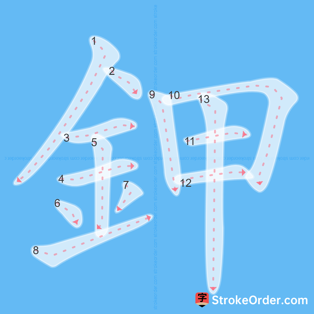Standard stroke order for the Chinese character 鉀