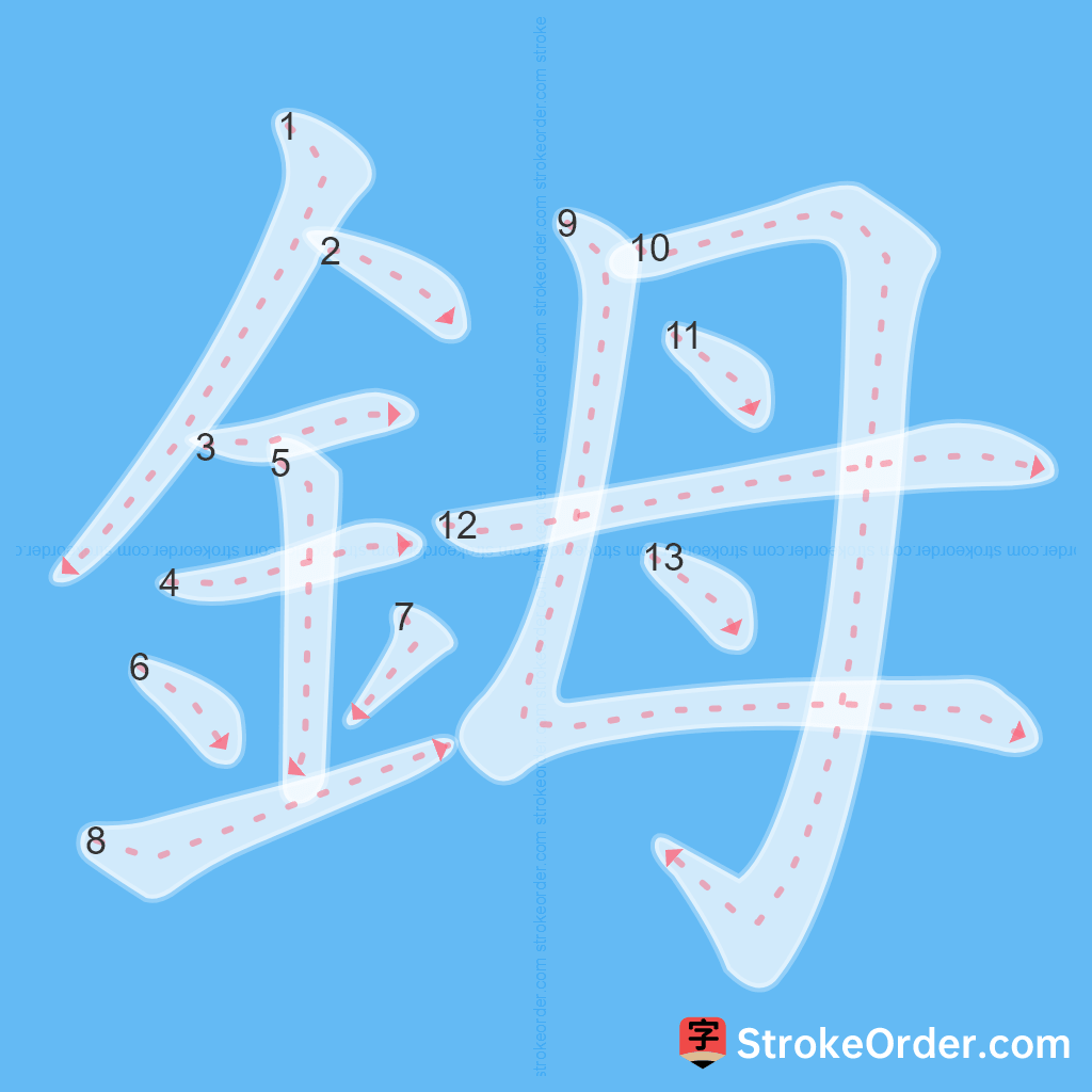Standard stroke order for the Chinese character 鉧