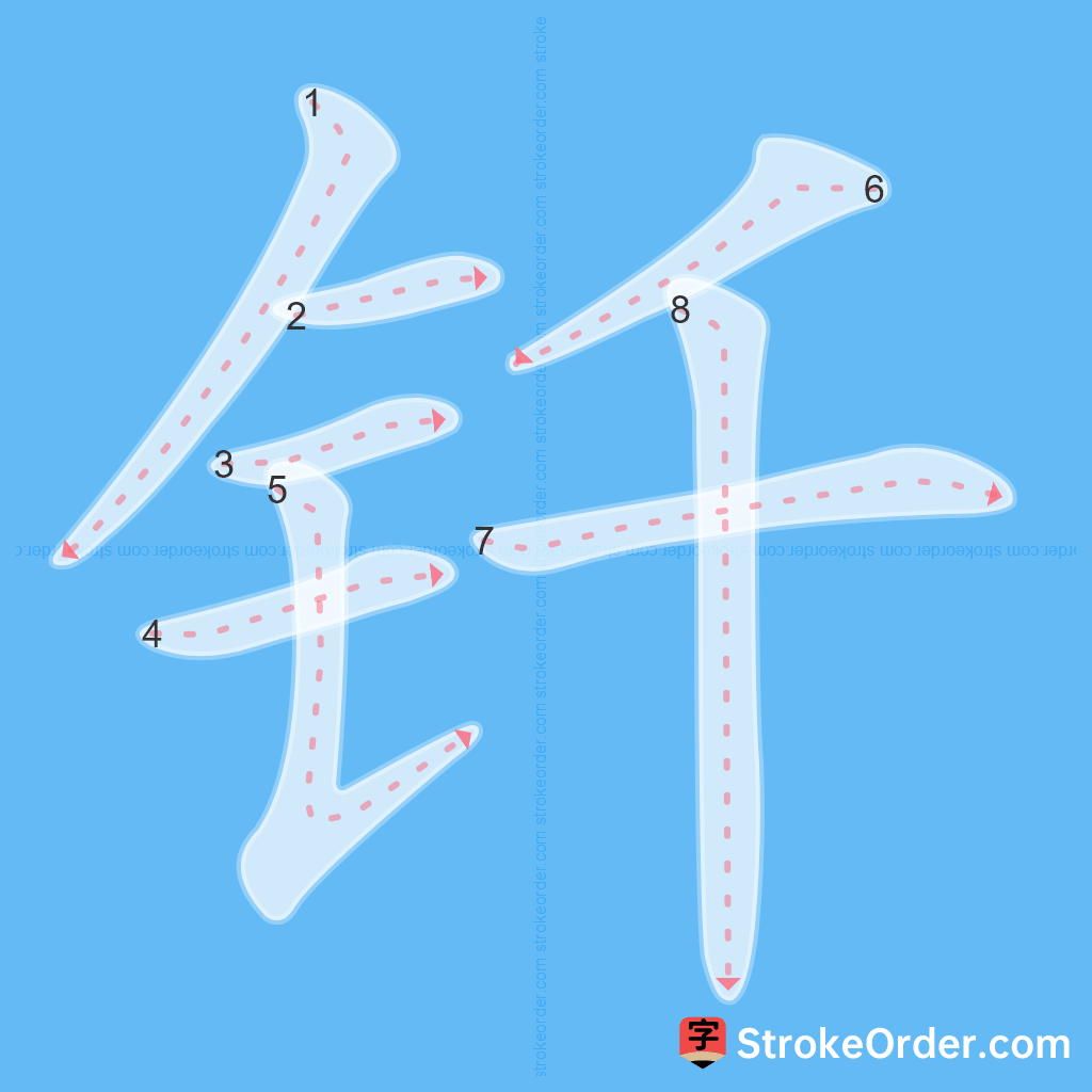 Standard stroke order for the Chinese character 钎