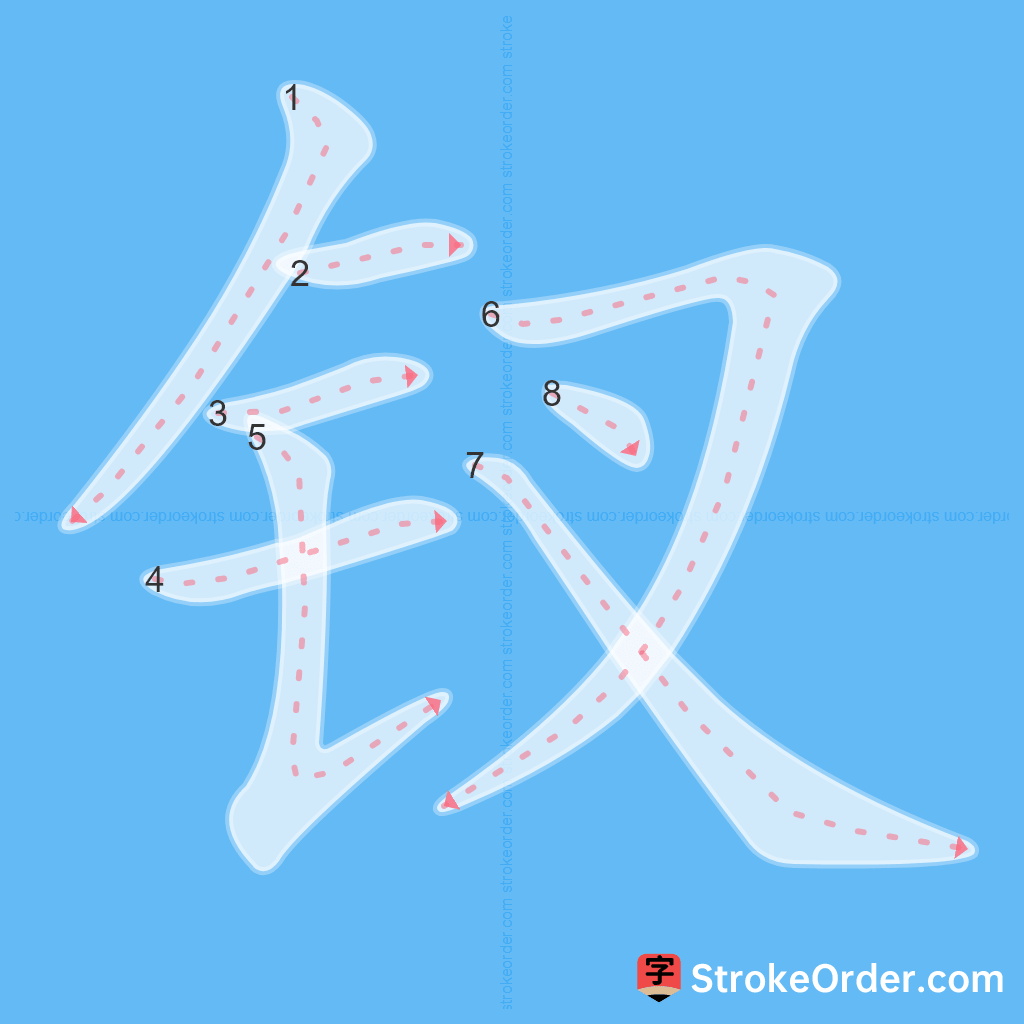 Standard stroke order for the Chinese character 钗