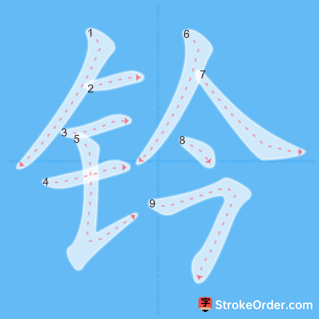 Standard stroke order for the Chinese character 钤