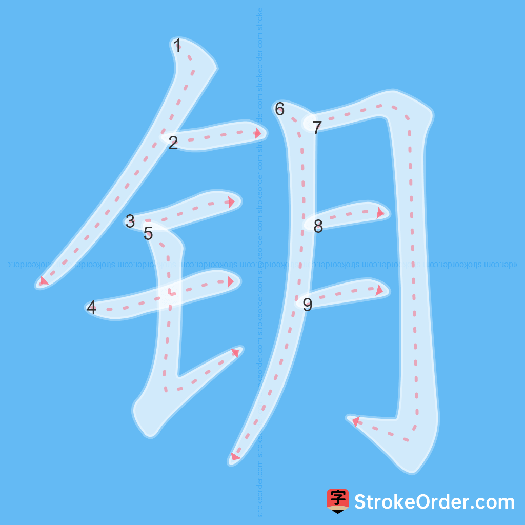Standard stroke order for the Chinese character 钥