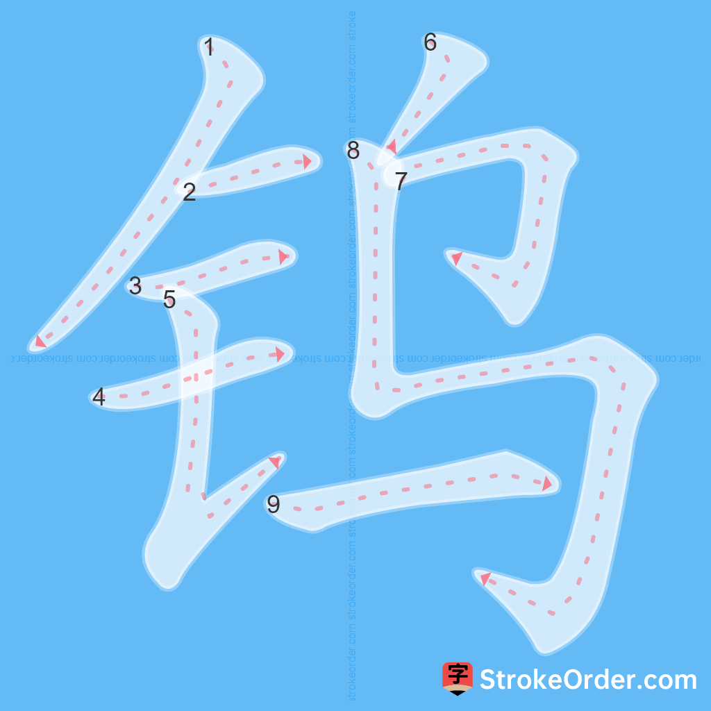 Standard stroke order for the Chinese character 钨