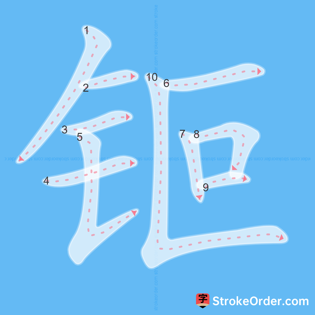 Standard stroke order for the Chinese character 钷