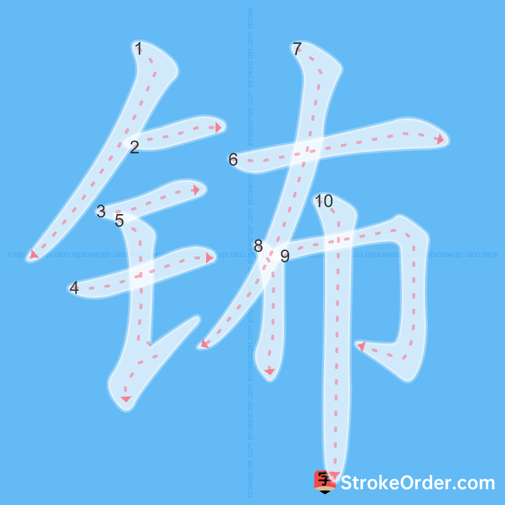 Standard stroke order for the Chinese character 钸