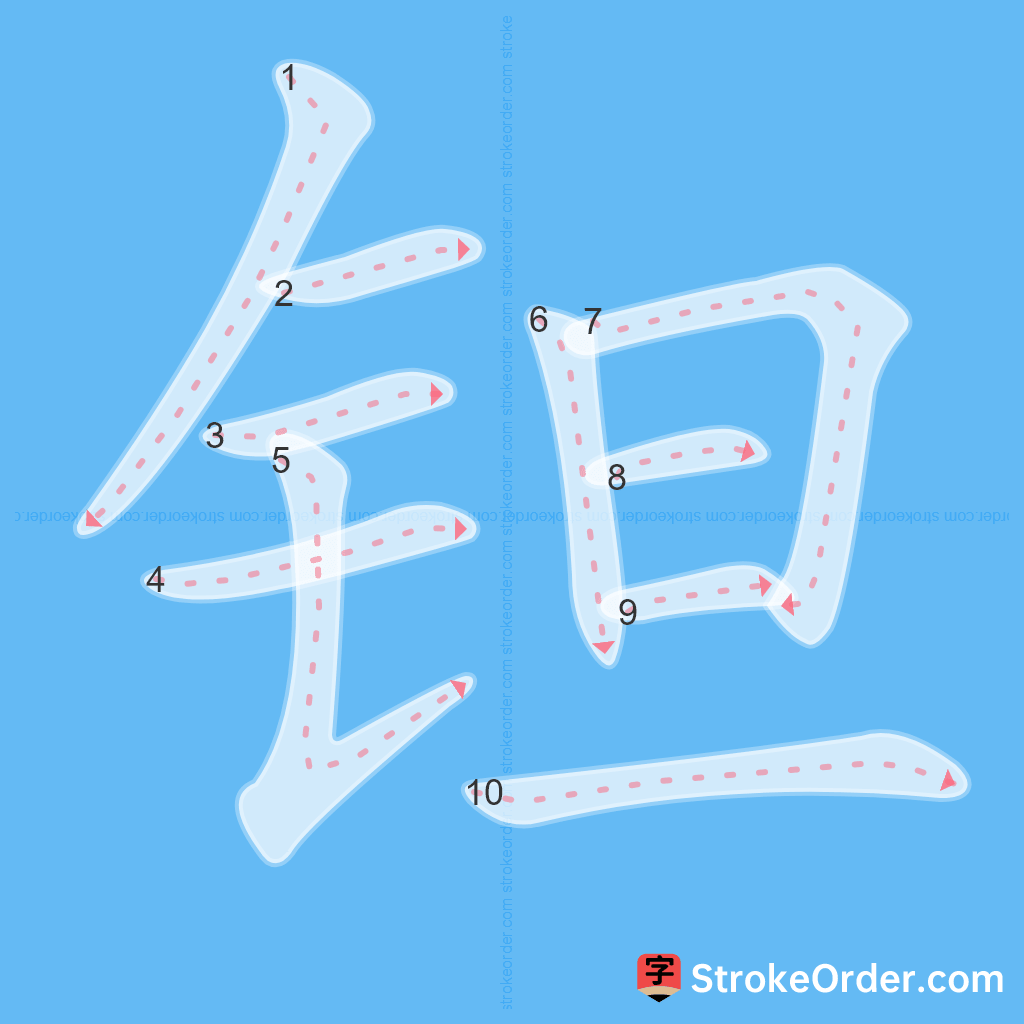 Standard stroke order for the Chinese character 钽