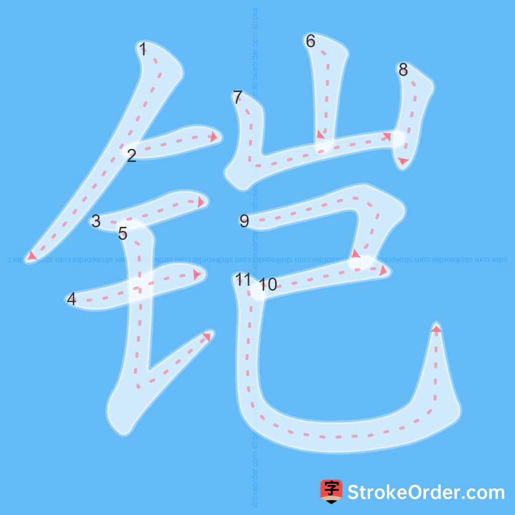 Standard stroke order for the Chinese character 铠