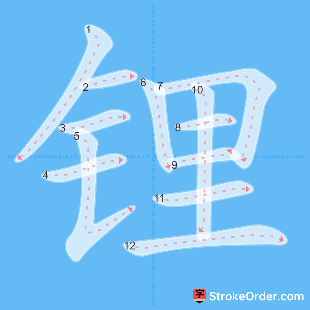 Standard stroke order for the Chinese character 锂