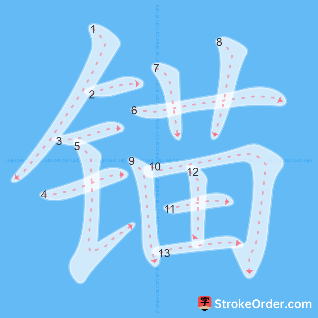 Standard stroke order for the Chinese character 锚