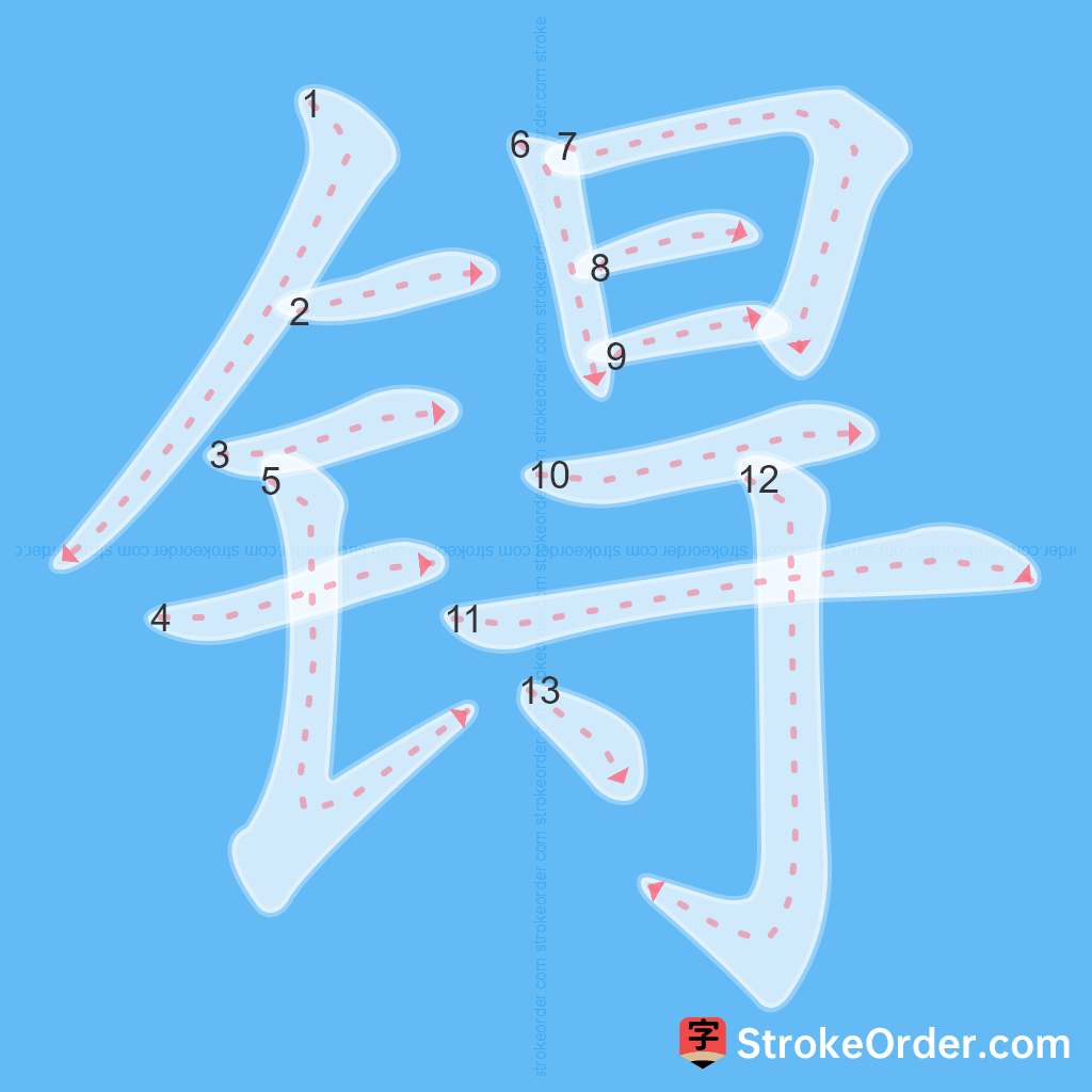 Standard stroke order for the Chinese character 锝