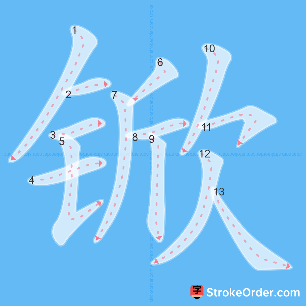 Standard stroke order for the Chinese character 锨