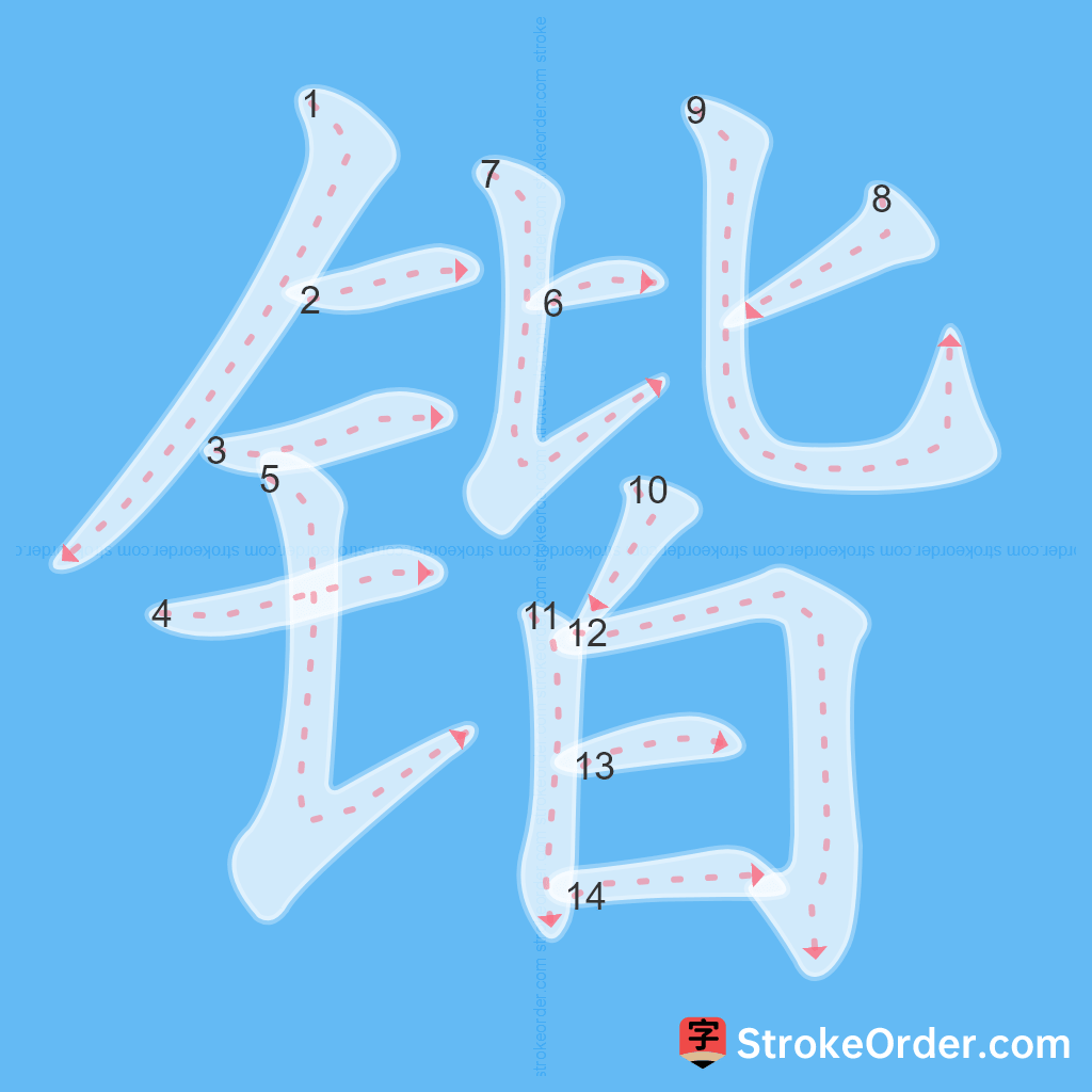 Standard stroke order for the Chinese character 锴