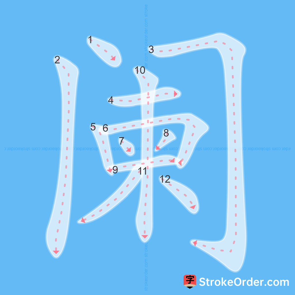 Standard stroke order for the Chinese character 阑