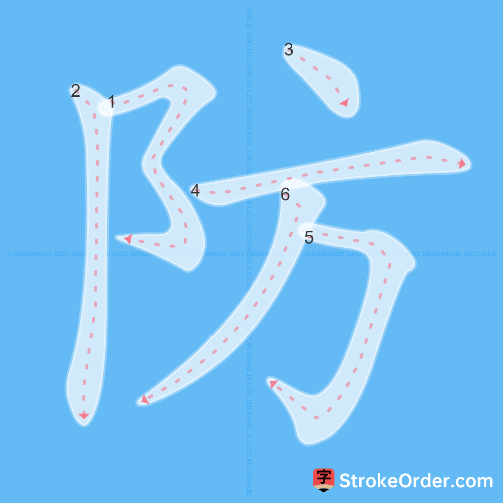 Standard stroke order for the Chinese character 防