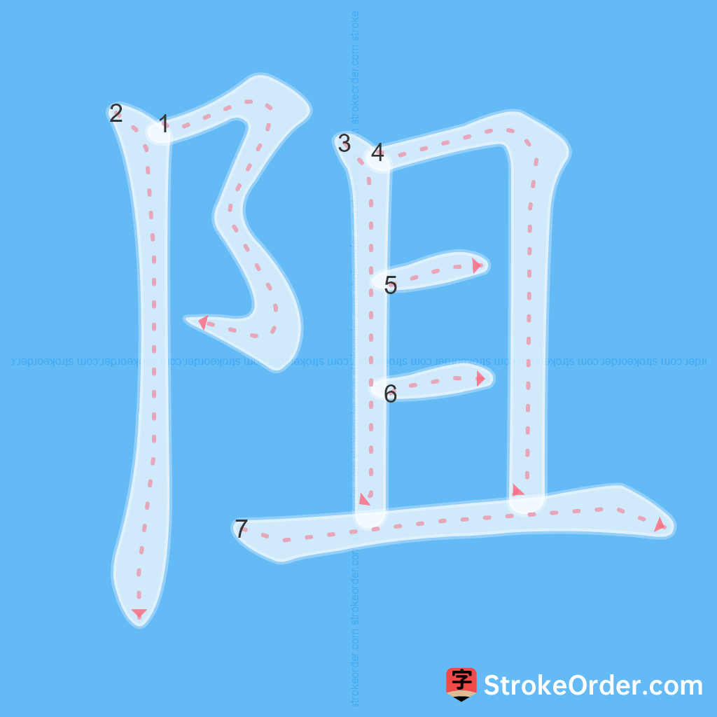 Standard stroke order for the Chinese character 阻