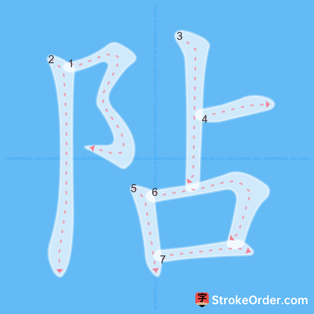 Standard stroke order for the Chinese character 阽