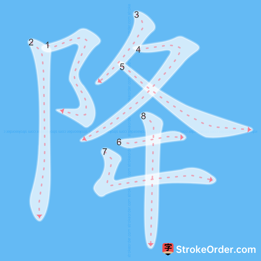 Standard stroke order for the Chinese character 降
