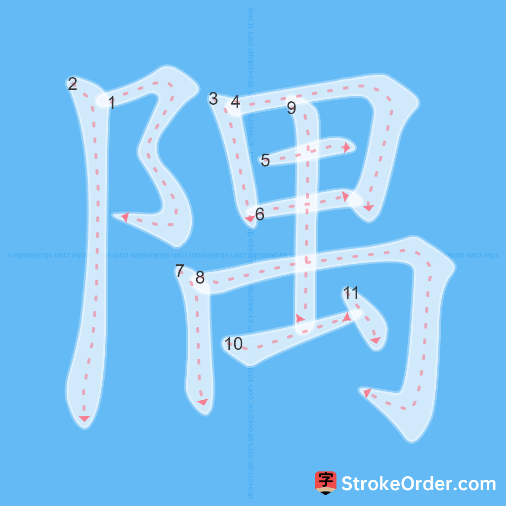 Standard stroke order for the Chinese character 隅