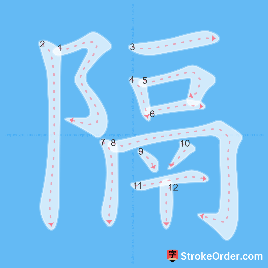 Standard stroke order for the Chinese character 隔