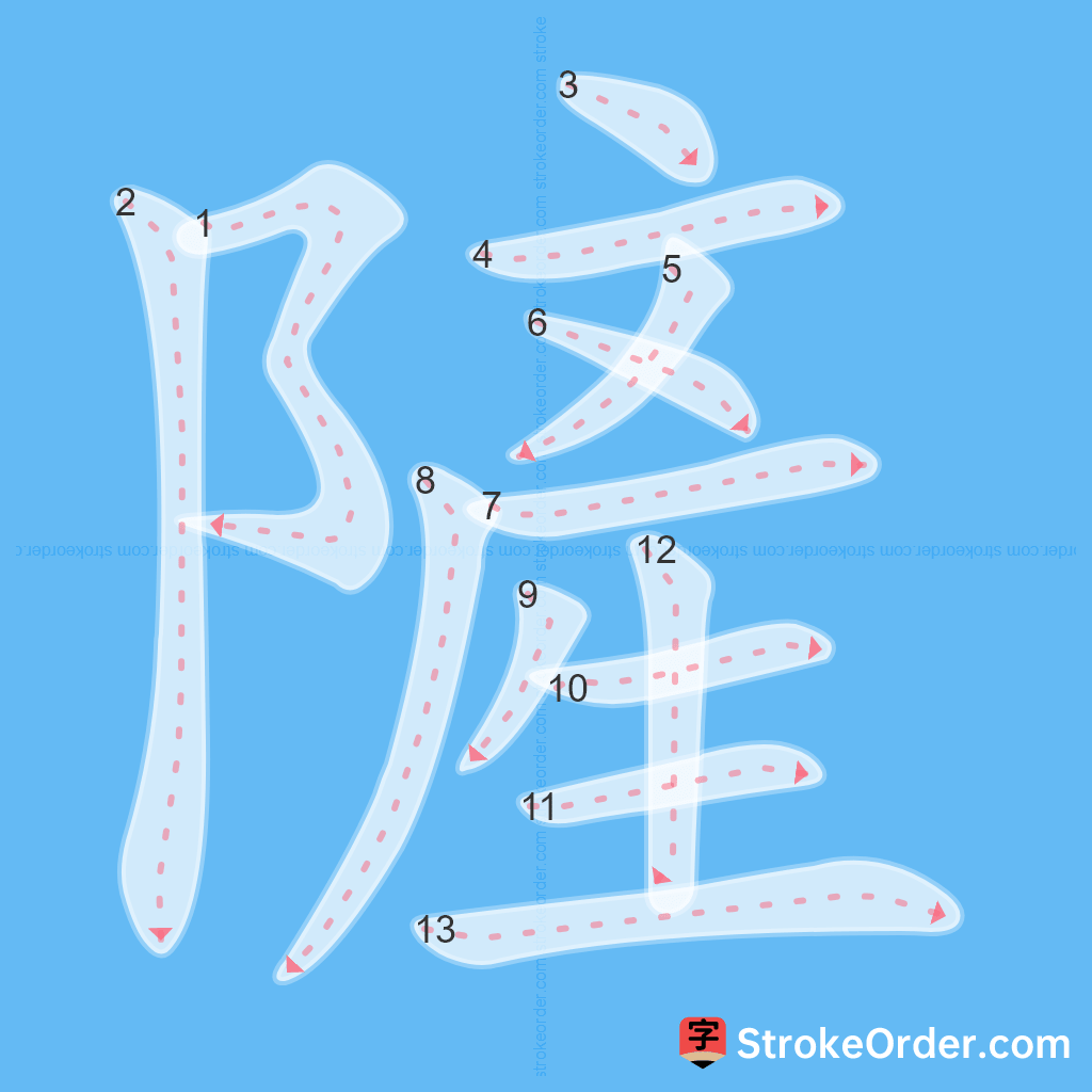 Standard stroke order for the Chinese character 隡