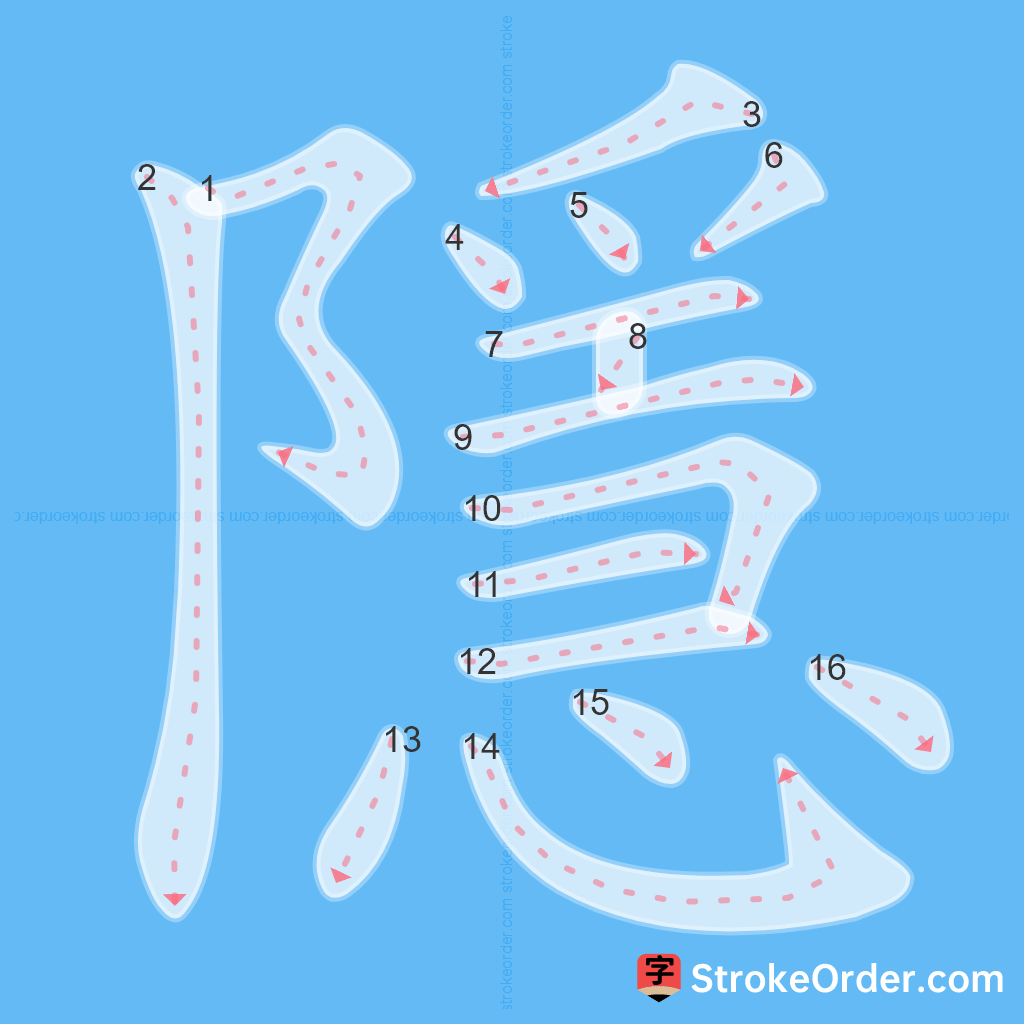 Standard stroke order for the Chinese character 隱