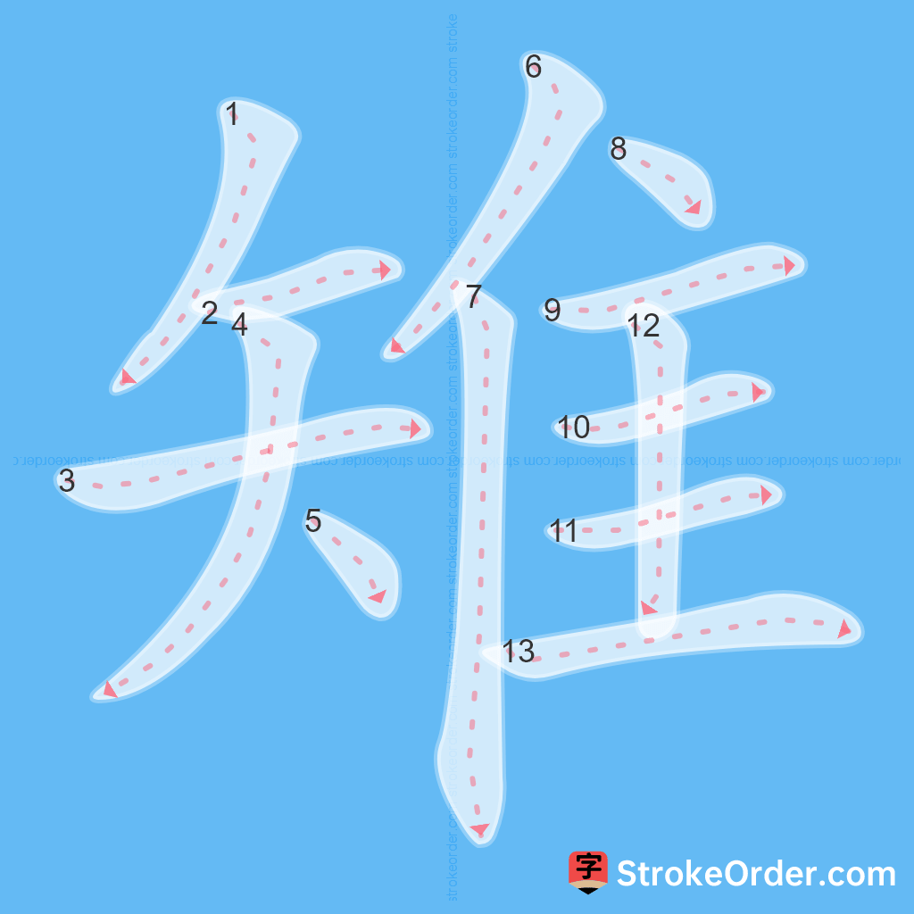 Standard stroke order for the Chinese character 雉