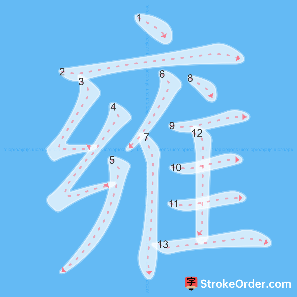 Standard stroke order for the Chinese character 雍