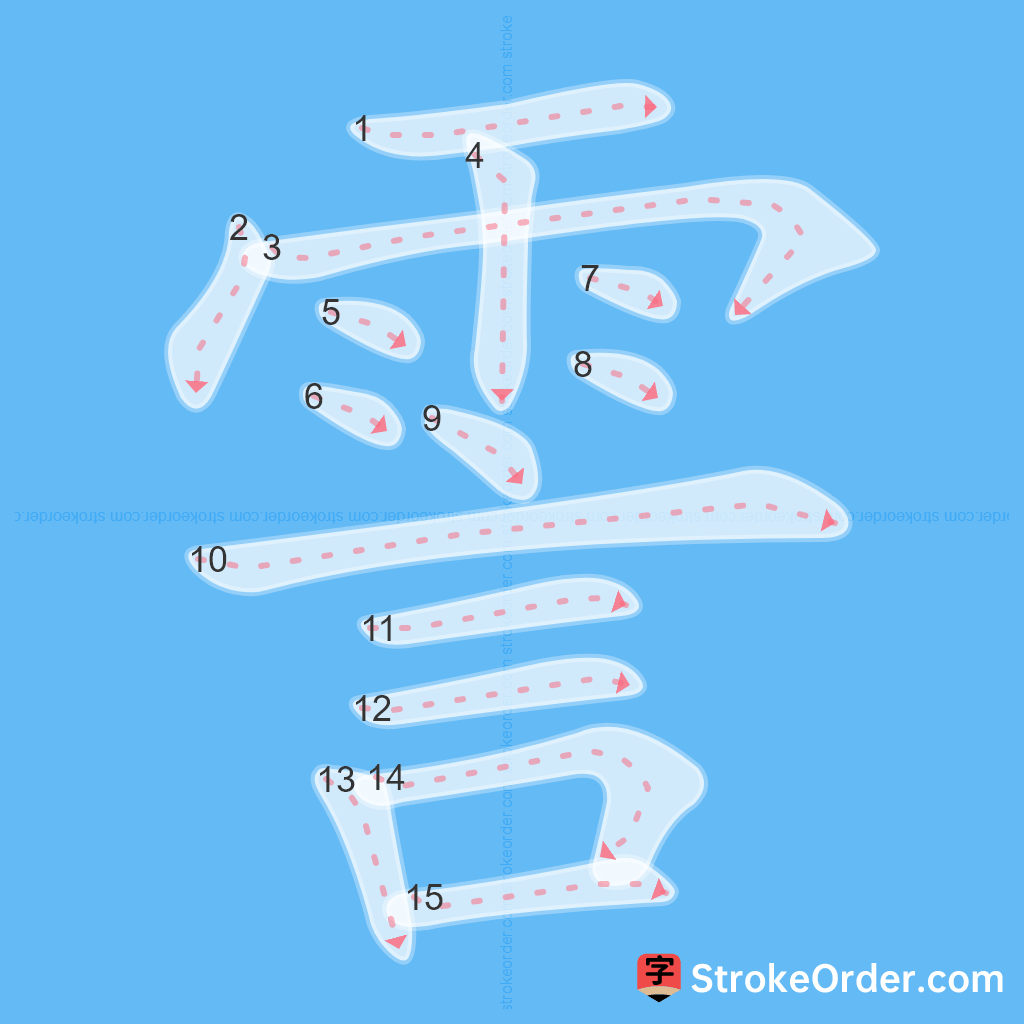 Standard stroke order for the Chinese character 霅