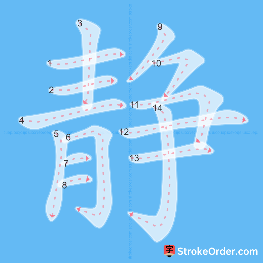 Standard stroke order for the Chinese character 静