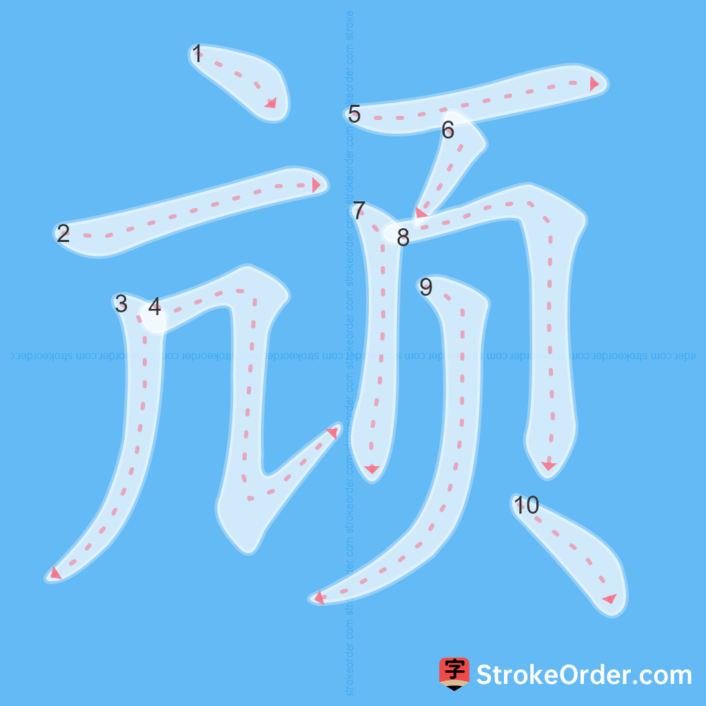 Standard stroke order for the Chinese character 颃