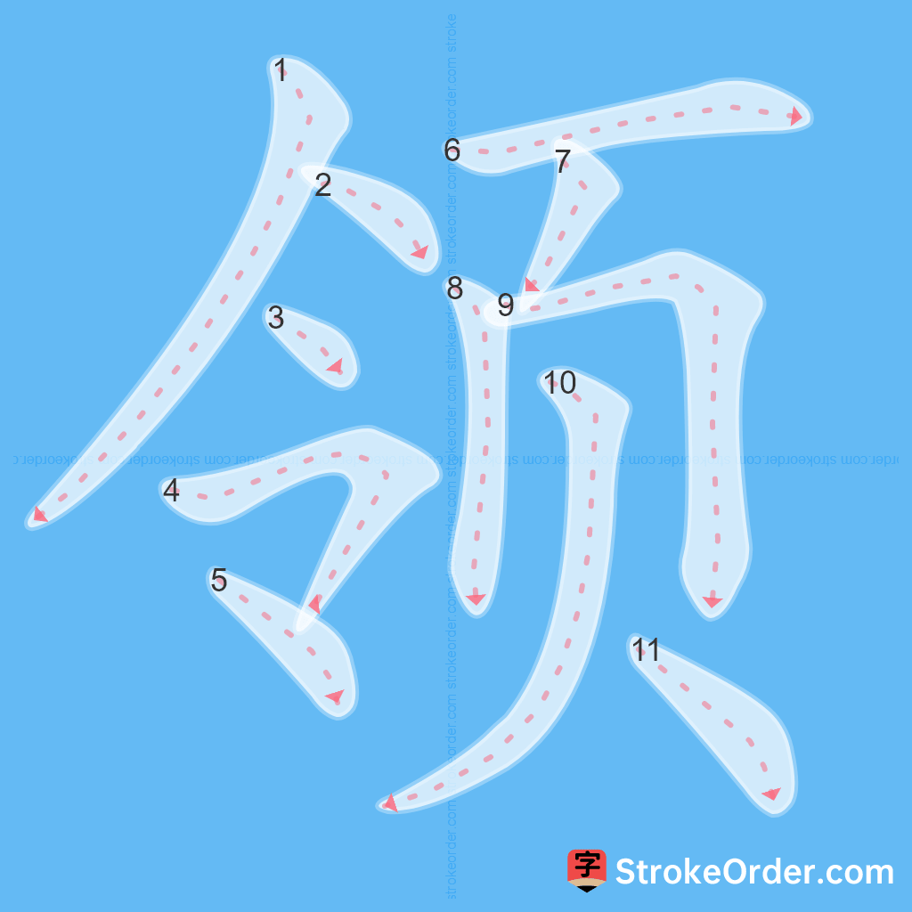 Standard stroke order for the Chinese character 领