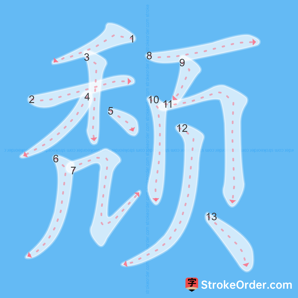 Standard stroke order for the Chinese character 颓