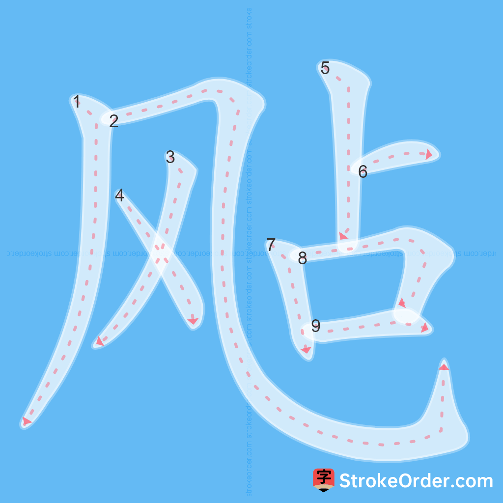 Standard stroke order for the Chinese character 飐